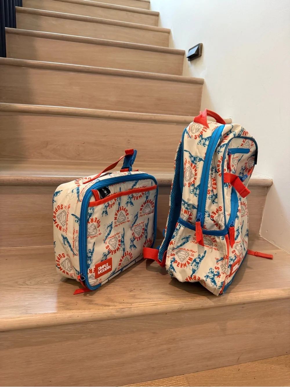 Simple Modern Kids' Cream Backpack & Lunch Bag Set with Blue and Red Accents
